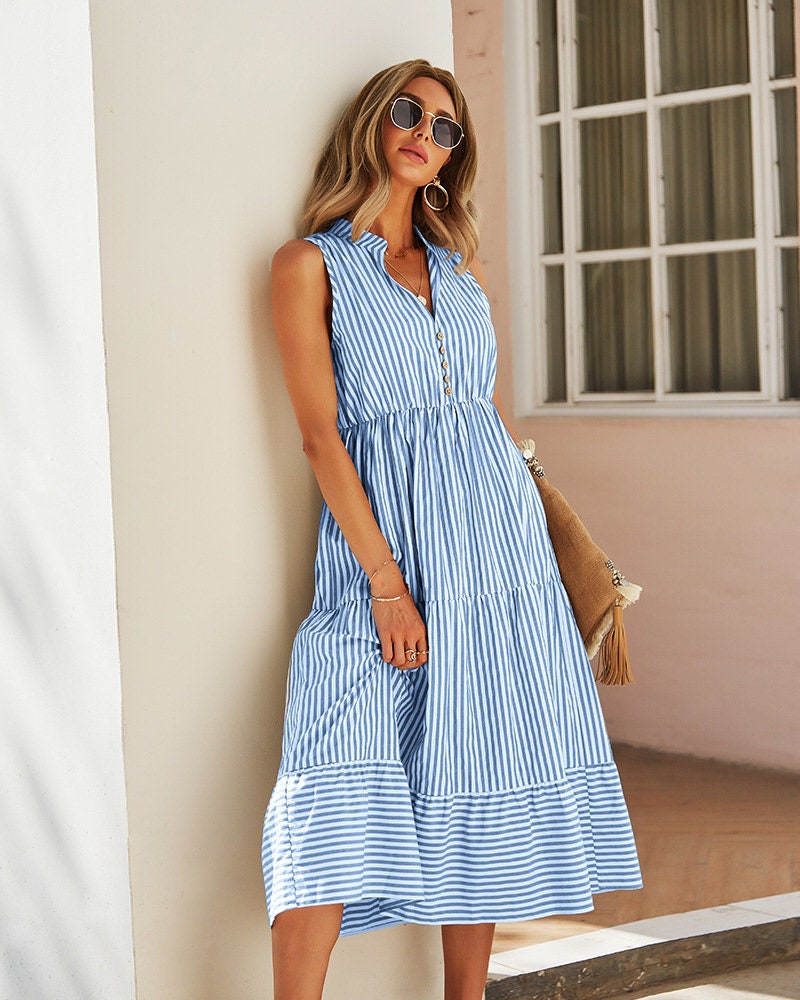 Blue Striped Midi Dress Bohemian Clothing Beach Bohemian - Etsy