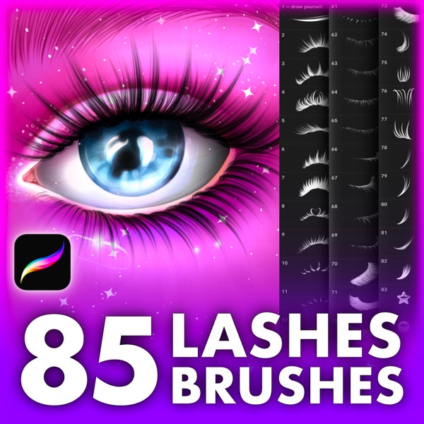 Eyelashes procreate brush. Procreate eyes makeup stamps. Procreate portrait lashes brushes. Procreate face guide drawing tutorial