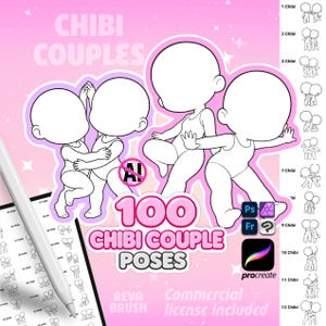 Peut inclure: Une feuille de référence d'art numérique présentant 100 poses de couples chibi avec des personnages au trait sur fond rose. Le texte indique 100 CHIBI COUPLE POSES, CHIBI COUPLES et REVA BRUSH. Inclut des icônes Photoshop, Procreate et un symbole sans IA.