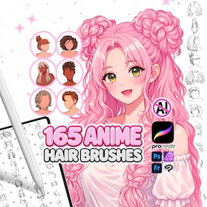 Pode incluir: Uma ilustração digital de uma personagem de anime com cabelo longo rosa em dois coques, com o texto 165 ANIME HAIR BRUSHES. A imagem inclui uma caneta stylus, uma grade de ícones de penteados e logotipos de software para Procreate, Photoshop e Fresco.