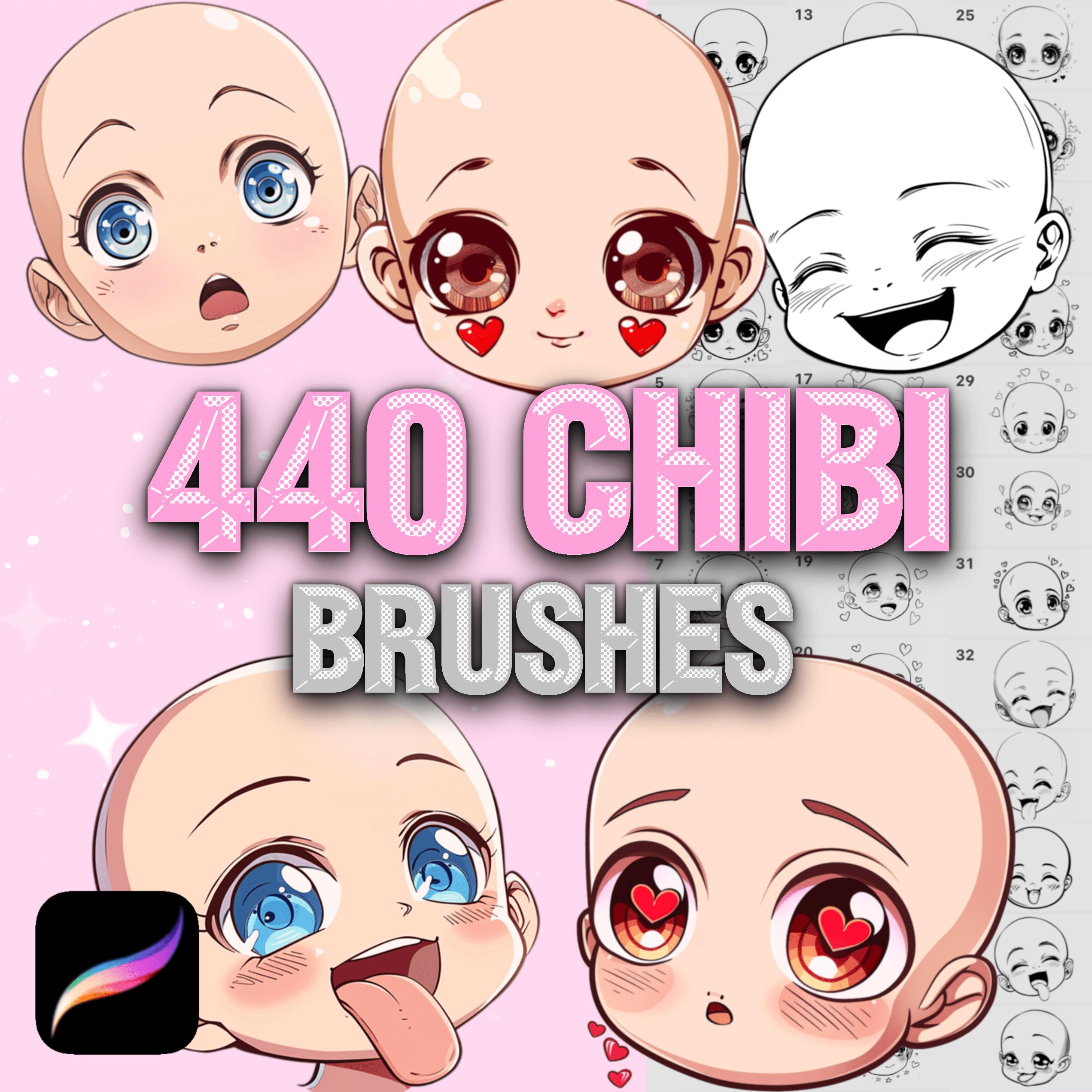 Pinceles Chibi para Procreate y Sellos de Emociones — 440 pinceles de caras chibi y cabezas de emote de anime/manga