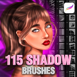 Könnte beinhalten: Eine digitale Illustration eines Frauen Gesichts mit einem violetten Hintergrund. Der Text "115 SHADOW BRUSHES" ist in Pink mit weißen Punkten. Das Bild ist eine Vorschau auf einen digitalen Pinsel-Satz.