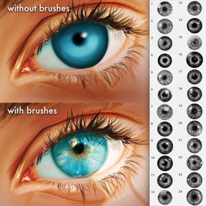 May include: A comparison of two images of a human eye, one with and one without digital painting brushes applied. The image on the left shows a realistic eye with a blue iris, while the image on the right shows the same eye with added detail and texture.
