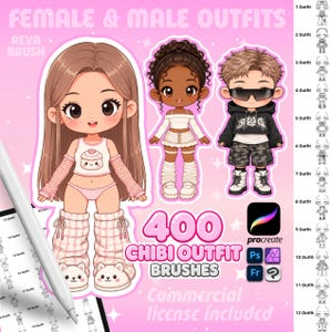400 Procreate Chibi Outfit pose brushes (Photoshop, Clip Studio Paint CSP)