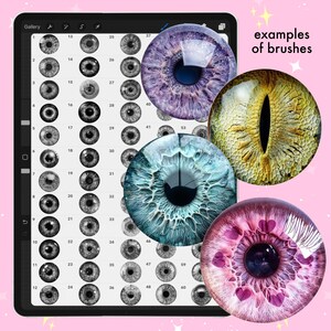 May include: A digital art tablet screen displaying a grid of 60 eye designs created with different brushes. The screen also shows four larger eye designs in the top right corner, including a purple eye with glitter, a yellow eye with a slit pupil, a blue eye with a swirling pattern, and a pink eye with a heart pattern.