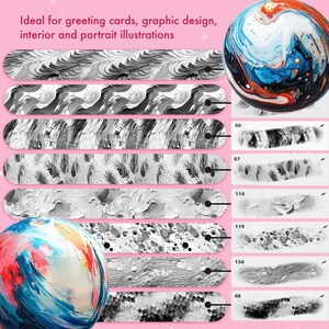 Puede incluir: Colecci&oacute;n de pinceles de arte digital con diversas texturas y patrones en tonos grises y blancos. La imagen incluye dos esferas abstractas coloridas y el texto "Ideal for greeting cards, graphic design, interior and portrait illustrations."