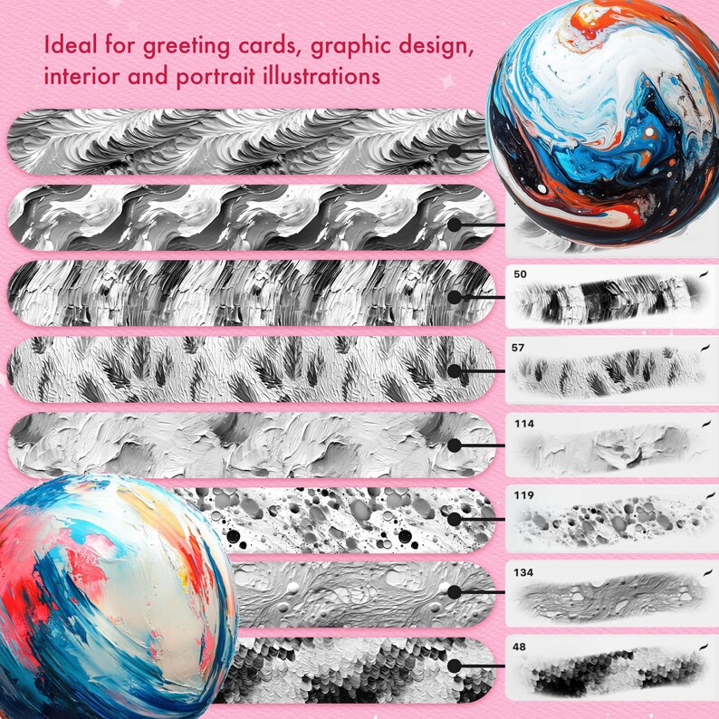 Puede incluir: Colecci&oacute;n de pinceles de arte digital con diversas texturas y patrones en tonos grises y blancos. La imagen incluye dos esferas abstractas coloridas y el texto "Ideal for greeting cards, graphic design, interior and portrait illustrations."