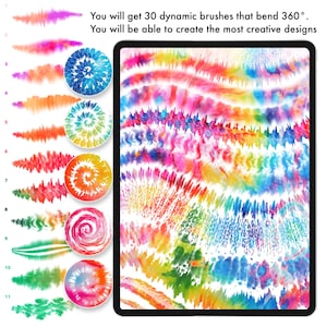 Op de afbeelding: Een digitaal scherm met 30 dynamische penselen die 360 graden buigen, met kleurrijke tie-dye patronen in tinten zoals roze, oranje, blauw en groen. Het scherm toont meerdere golvende penseelstreken en cirkelvormige tie-dye motieven.