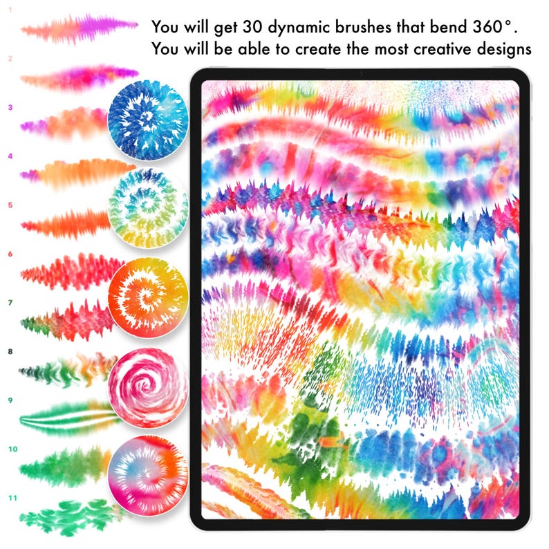 Op de afbeelding: Een digitaal scherm met 30 dynamische penselen die 360 graden buigen, met kleurrijke tie-dye patronen in tinten zoals roze, oranje, blauw en groen. Het scherm toont meerdere golvende penseelstreken en cirkelvormige tie-dye motieven.