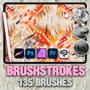 Puede incluir: Una tableta digital que muestra un dise&ntilde;o abstracto de pinceladas coloridas con un l&aacute;piz &oacute;ptico blanco. La pantalla muestra iconos de aplicaciones para Procreate, Photoshop, Lightroom y Fresco. El texto dice "BRUSHSTROKES 135 BRUSHES."