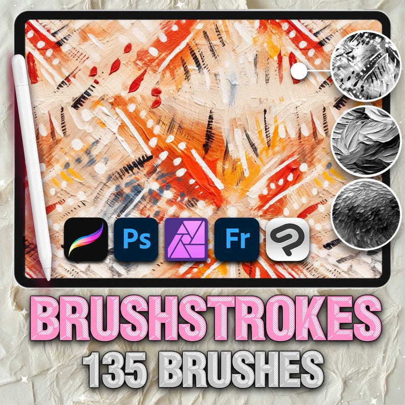 Puede incluir: Una tableta digital que muestra un dise&ntilde;o abstracto de pinceladas coloridas con un l&aacute;piz &oacute;ptico blanco. La pantalla muestra iconos de aplicaciones para Procreate, Photoshop, Lightroom y Fresco. El texto dice "BRUSHSTROKES 135 BRUSHES."