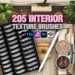 Puede incluir: Imagen de suministros de arte digital con el texto "205 INTERIOR TEXTURE BRUSHES". Incluye una tableta que muestra varias texturas, un lápiz óptico blanco y elementos decorativos de madera. La imagen también presenta los logotipos de Procreate, Photoshop y Fresco.
