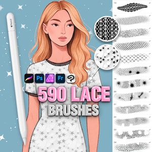 May include: Digital art illustration featuring a woman with blonde hair and a white dress with star patterns. The image promotes 590 lace brushes for Photoshop and other software, with examples of lace patterns displayed.