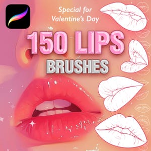 Peut inclure: Une illustration numérique de lèvres roses sur un fond rose. Le texte "150 LIPS BRUSHES" est en lettres blanches avec un contour gris. Le texte "Special for Valentine's Day" est en lettres noires.