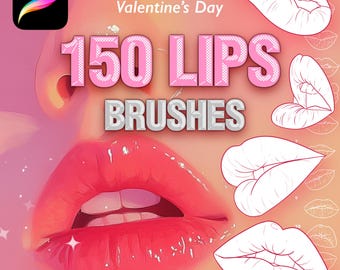 May include: A digital art set titled 150 LIPS BRUSHES Special for Valentine's Day, featuring a Procreate icon, a rendered glossy red lip illustration, and four white line-art lip sketches on a gradient pink and orange background.