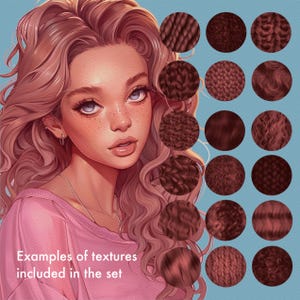 May include: Digital illustration of a young woman with long, wavy, light brown hair and blue eyes. The image includes examples of hair textures in various shades of brown, with the text "Examples of textures included in the set."