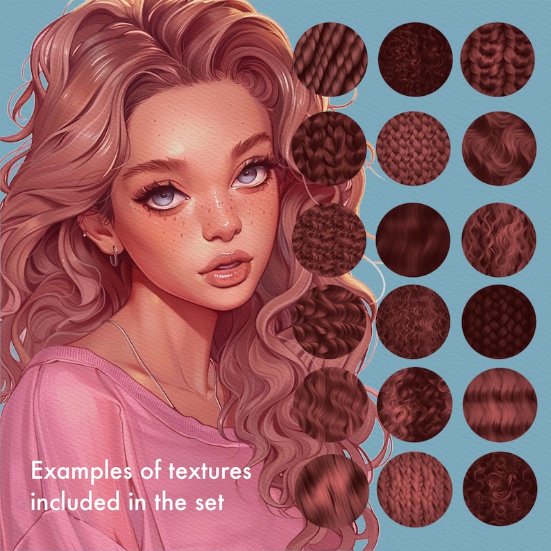 May include: Digital illustration of a young woman with long, wavy, light brown hair and blue eyes. The image includes examples of hair textures in various shades of brown, with the text "Examples of textures included in the set."