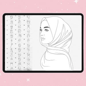 Puede incluir: Una pantalla de tableta digital que muestra una ilustraci&oacute;n de arte lineal en blanco y negro de una persona con hiyab. El lado izquierdo presenta una cuadr&iacute;cula numerada de treinta y cinco bocetos, mientras que la derecha muestra un perfil grande.