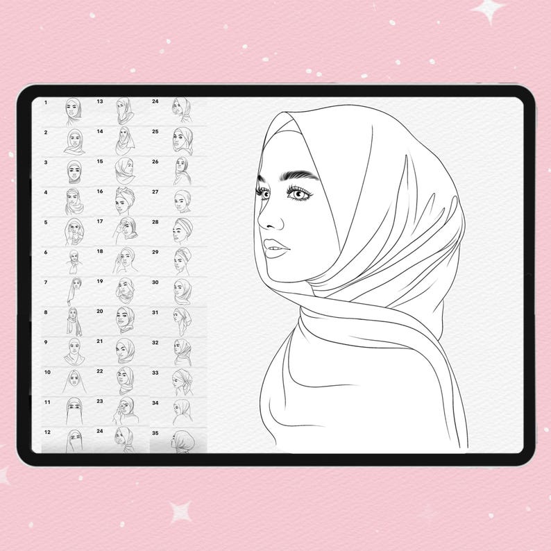 Puede incluir: Una pantalla de tableta digital que muestra una ilustraci&oacute;n de arte lineal en blanco y negro de una persona con hiyab. El lado izquierdo presenta una cuadr&iacute;cula numerada de treinta y cinco bocetos, mientras que la derecha muestra un perfil grande.
