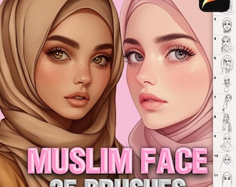 Puede incluir: Un conjunto de arte digital con 35 pinceles Procreate para dibujar rostros con hiyab. La imagen muestra dos retratos ilustrados de personas con hiyabs de color canela y rosa claro, junto a una barra lateral con 12 ejemplos de trazos.