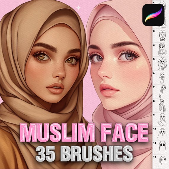 Procreate Muslim Portrait Brushes, Female Face