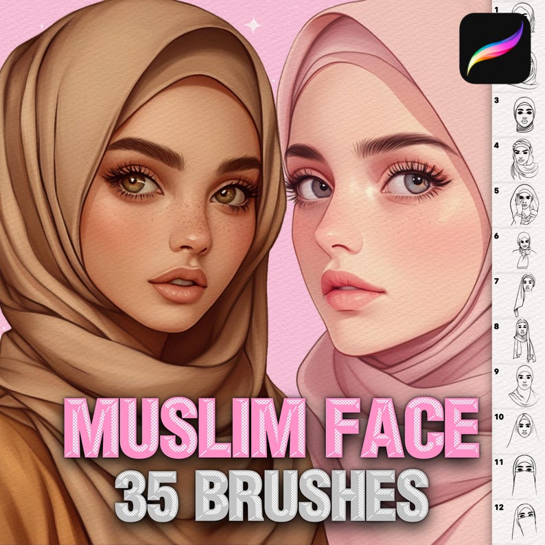 Puede incluir: Un conjunto de arte digital con 35 pinceles Procreate para dibujar rostros con hiyab. La imagen muestra dos retratos ilustrados de personas con hiyabs de color canela y rosa claro, junto a una barra lateral con 12 ejemplos de trazos.