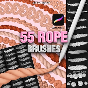 Op de afbeelding: Een afbeelding met 55 touwborstels voor Procreate. De afbeelding toont verschillende touwontwerpen in bruin- en beigetinten, met een digitale stylus en een Procreate app-icoon. De tekst "55 ROPE BRUSHES" is prominent aanwezig.