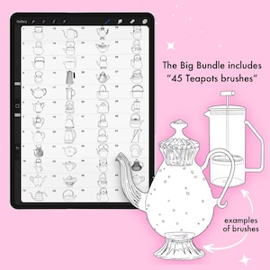 Puede incluir: Ilustraci&oacute;n digital de una tableta que muestra 45 ejemplos de pinceles de teteras. La imagen incluye una tetera grande y ornamentada y una prensa francesa, etiquetadas como ejemplos de pinceles. El texto dice: "The Big Bundle incluye '45 pinceles de teteras'".