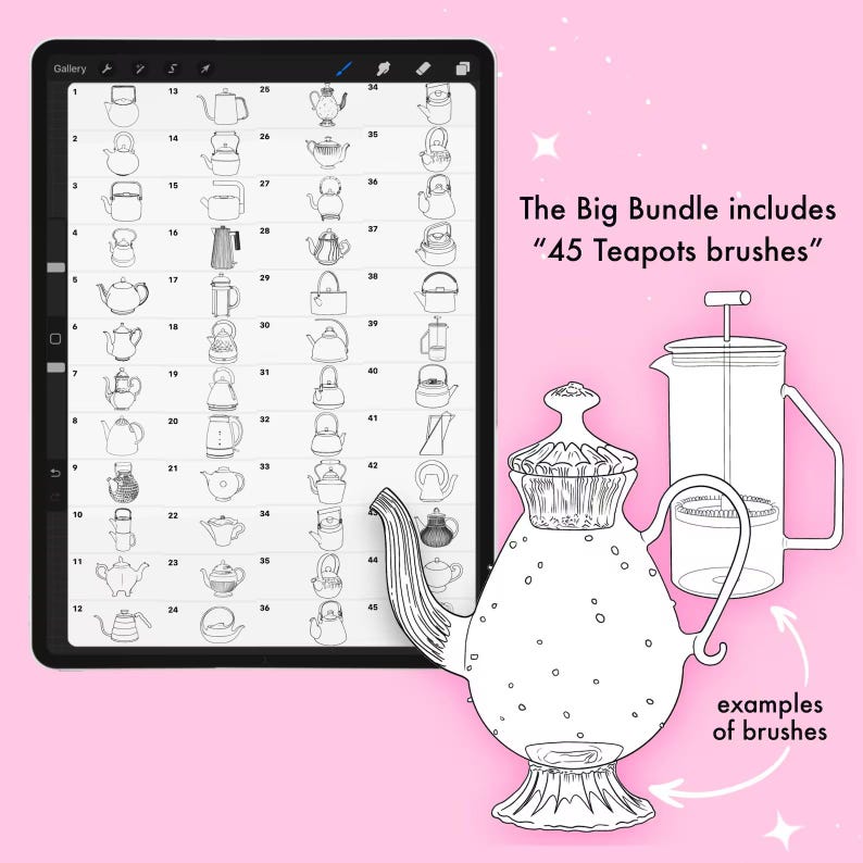 Puede incluir: Ilustraci&oacute;n digital de una tableta que muestra 45 ejemplos de pinceles de teteras. La imagen incluye una tetera grande y ornamentada y una prensa francesa, etiquetadas como ejemplos de pinceles. El texto dice: "The Big Bundle incluye '45 pinceles de teteras'".