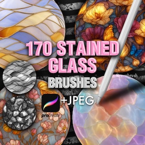 Puede incluir: Una colección digital de 170 pinceles de vidrieras y archivos JPEG para Procreate. La imagen muestra muestras circulares con varios patrones de vidrieras, incluyendo motivos florales, ondas abstractas y texturas geométricas en colores vibrantes.