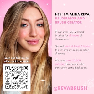 Pu&ograve; includere: Immagine promozionale con una donna e testo. Il testo recita: &laquo;HEY! I'M ALINA REVA, ILLUSTRATOR AND BRUSH CREATOR.&raquo; Menziona anche pennelli per illustrazioni e risparmio di tempo. &Egrave; presente un codice QR.