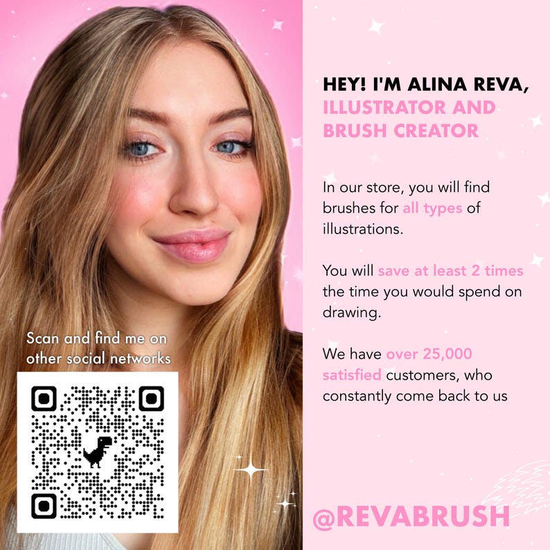 Pu&ograve; includere: Immagine promozionale con una donna e testo. Il testo recita: &laquo;HEY! I'M ALINA REVA, ILLUSTRATOR AND BRUSH CREATOR.&raquo; Menziona anche pennelli per illustrazioni e risparmio di tempo. &Egrave; presente un codice QR.