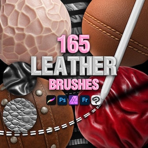 Könnte beinhalten: Ein digitales Bild mit verschiedenen Ledertexturen und Pinseln. Der Text "165 LEATHER BRUSHES" ist in Rosa und Silber dargestellt. Das Bild enthält einen weißen Stift und Software-Symbole, die auf digitale Design-Tools hindeuten.