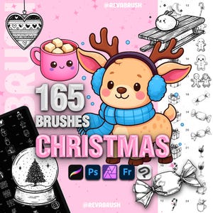 May include: A pink graphic featuring the text "165 BRUSHES CHRISTMAS" and festive illustrations, including a reindeer, snow globe, and hot chocolate. Software icons for Procreate, Photoshop, and Affinity Designer are also present.