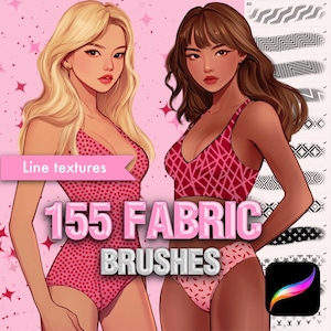 Puede incluir: Dos ilustraciones de mujeres con ropa de patrones rosa y rojo. El texto "Line textures" y "155 Fabric Brushes" se muestra en la imagen.