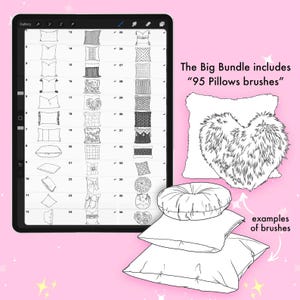 Puede incluir: Paquete de arte digital en una tableta, mostrando 36 dise&ntilde;os de pinceles de almohadas. El texto dice "The Big Bundle includes '95 Pillows brushes'". Ejemplos incluyen una almohada en forma de coraz&oacute;n y una almohada redonda.
