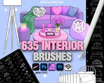 Puede incluir: Un conjunto de ilustraciones digitales titulado 635 INTERIOR BRUSHES que presenta un sofá morado, una mesa de centro rosa, una lámpara de pie y varios bocetos de marcos de cama. Incluye iconos para Procreate, Photoshop, Affinity, Fresco y Clip Studio Paint.