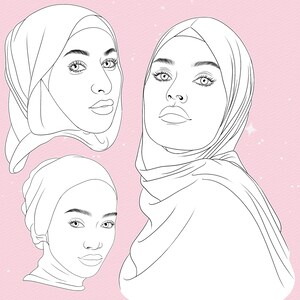 Puede incluir: Una ilustraci&oacute;n de arte lineal en blanco y negro que presenta tres retratos distintos de personas que usan hiyab. Los dibujos se centran en los rasgos faciales, incluidos ojos, cejas y labios detallados, sobre un fondo de color rosa claro.