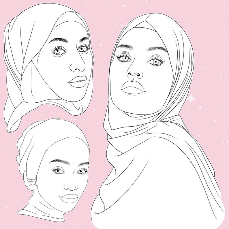 Puede incluir: Una ilustraci&oacute;n de arte lineal en blanco y negro que presenta tres retratos distintos de personas que usan hiyab. Los dibujos se centran en los rasgos faciales, incluidos ojos, cejas y labios detallados, sobre un fondo de color rosa claro.