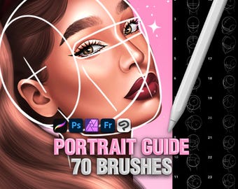 May include: A digital portrait guide featuring 70 brushes, displaying a stylized illustration of a face with white construction lines overlaid. A white stylus rests on a black sidebar containing numbered head sketches. Text reads PORTRAIT GUIDE 70 BRUSHES.