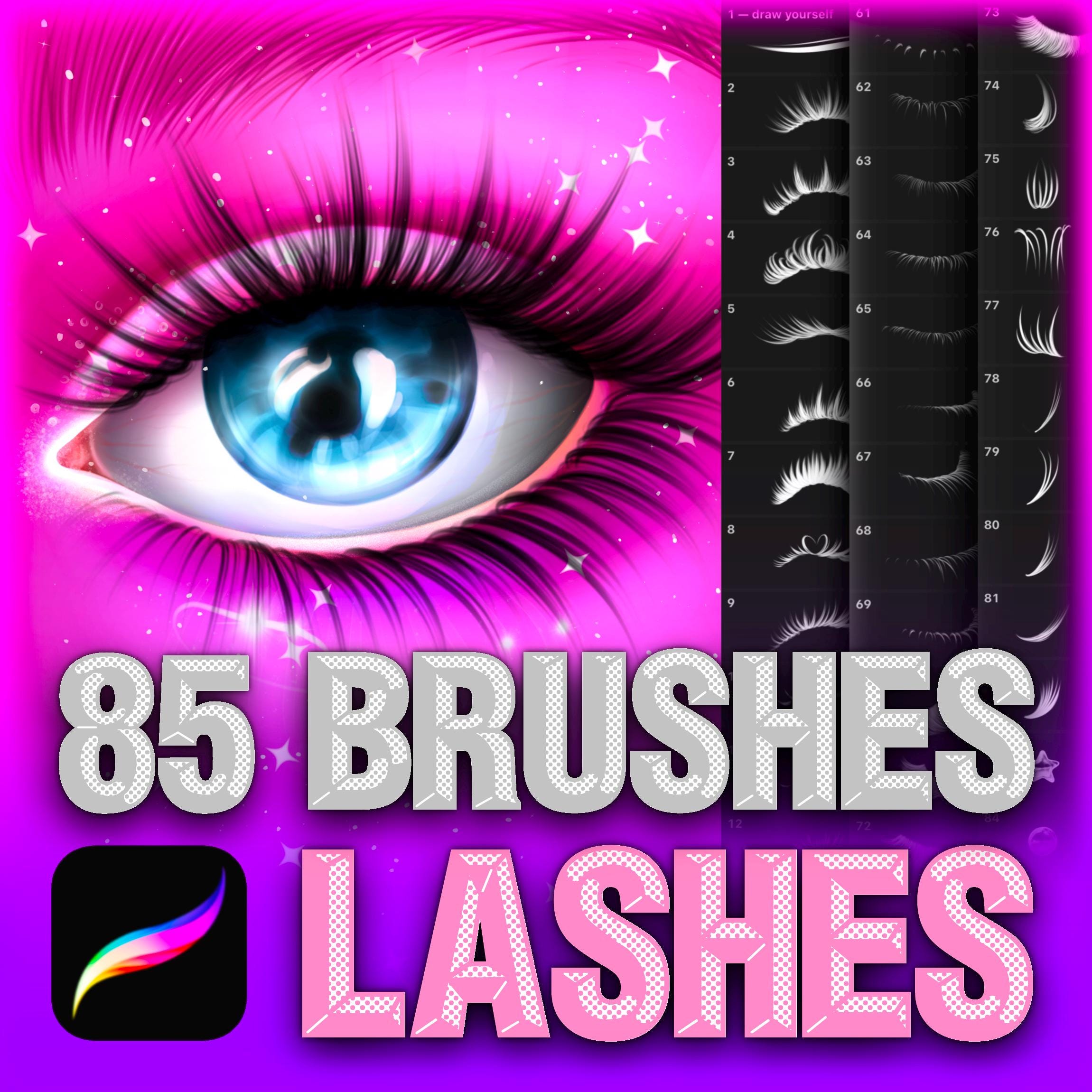 Pinceles de pestañas para Procreate – Set de pinceles de maquillaje de ojos y lashes para retratos y rostros femeninos (85 pinceles)