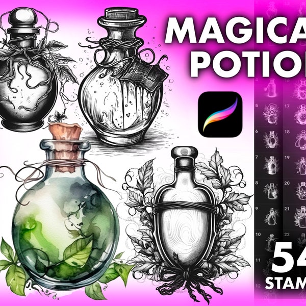 Pincel de botellas de poción Procreate, sellos Procreate, sello de botella de poción de amor, botellas de poción mágica, pinceles de sello Mystic Spell Jar Procreate