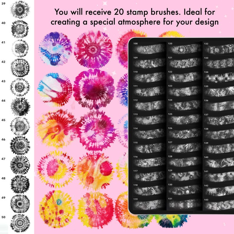 Op de afbeelding: Een digitale collectie van 20 stempelpenselen met cirkelvormige tie-dye patronen in levendige kleuren zoals roze, geel, paars en blauw, naast een zwart paneel met grijstinten voorbeelden van de penseelstreken genummerd 108 tot 143.