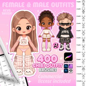 Puede incluir: Un conjunto de arte digital con 400 pinceles de atuendos chibi para Procreate, Photoshop y Fresco. La imagen muestra tres personajes chibi con varios conjuntos, incluyendo una camiseta sin mangas con cupcake, falda blanca y sudadera negra.