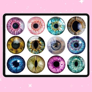 May include: Twelve round, colorful eye stickers with different designs and colors, including blue, green, purple, pink, brown, and yellow.