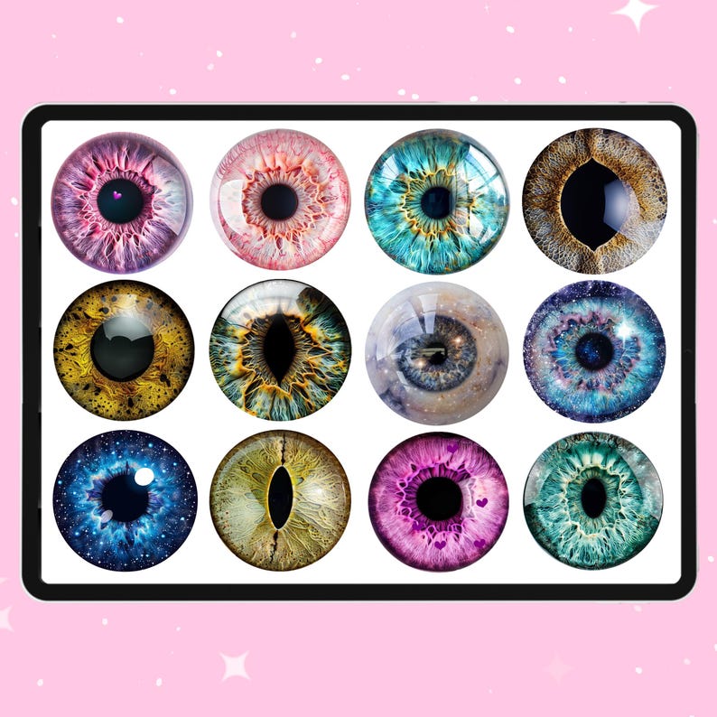 May include: Twelve round, colorful eye stickers with different designs and colors, including blue, green, purple, pink, brown, and yellow.