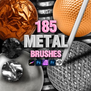 Könnte beinhalten: Ein Bild mit verschiedenen metallischen Texturen und Kugeln, darunter eine zerknitterte Kupferkugel, eine strukturierte orangefarbene Kugel und eine reflektierende silberne Kugel. Der Text "185 METAL BRUSHES" ist in Rosa und Grau dargestellt, darunter Software-Symbole.