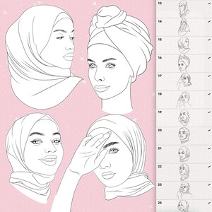 Puede incluir: Una ilustraci&oacute;n de arte lineal digital que presenta cuatro retratos distintos de personas con hiyab o pa&ntilde;uelos en la cabeza, sobre un fondo rosa con una barra lateral que muestra una lista numerada de doce bocetos peque&ntilde;os adicionales.