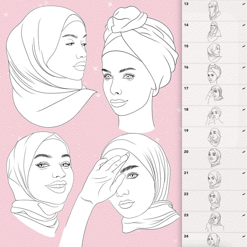 Puede incluir: Una ilustraci&oacute;n de arte lineal digital que presenta cuatro retratos distintos de personas con hiyab o pa&ntilde;uelos en la cabeza, sobre un fondo rosa con una barra lateral que muestra una lista numerada de doce bocetos peque&ntilde;os adicionales.