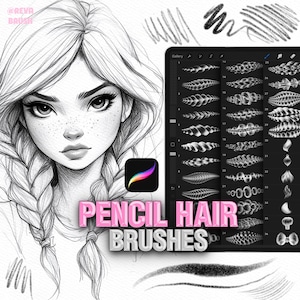 May include: Black and white pencil sketch of a young woman with long braided hair. The image includes a tablet displaying various hair brush styles and the text "PENCIL HAIR BRUSHES". A colorful app icon is also visible.
